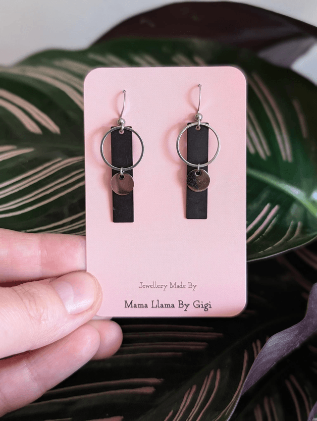 Modern Black and Silver Geometric Dangle Earrings 