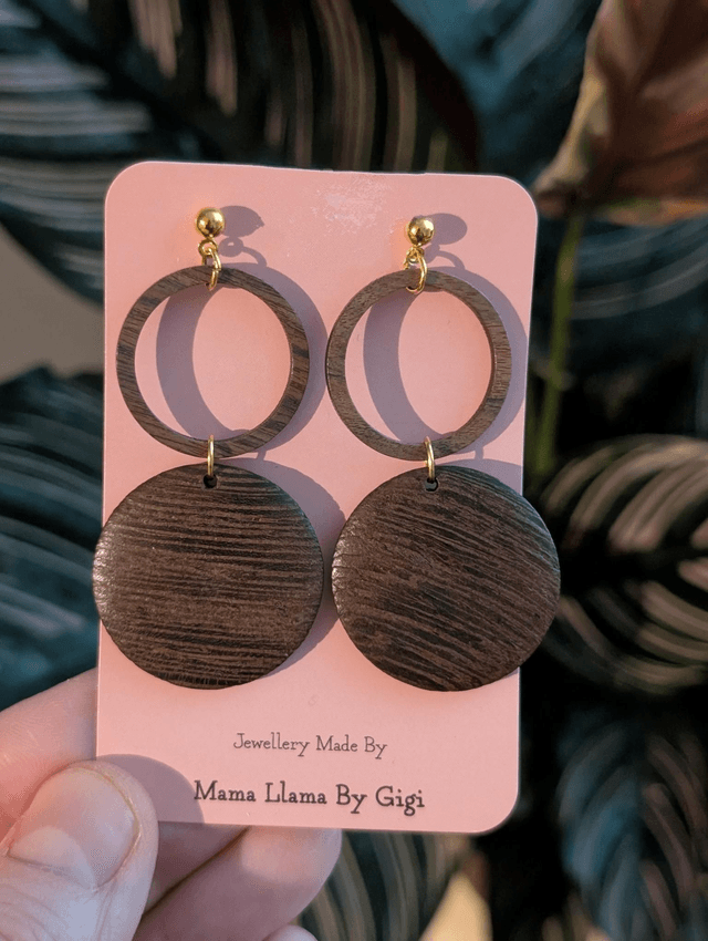 Handmade Double Wooden Circle Earrings with Gold Studs