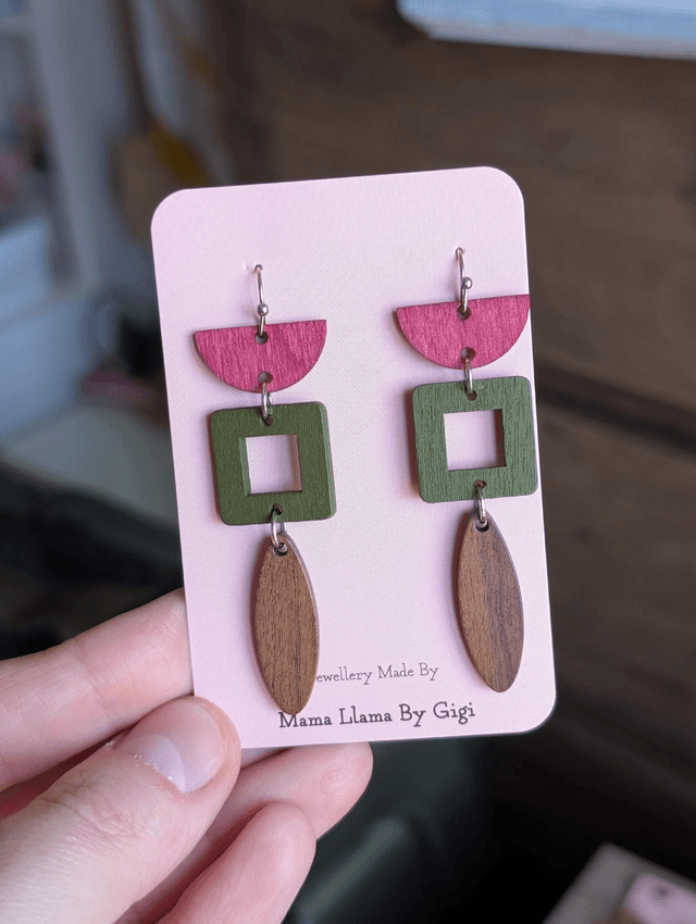 Geometric colourful wooden earrings 