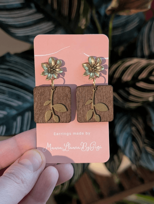 Handmade Wooden and Brass Vine Earrings with Floral Studs
