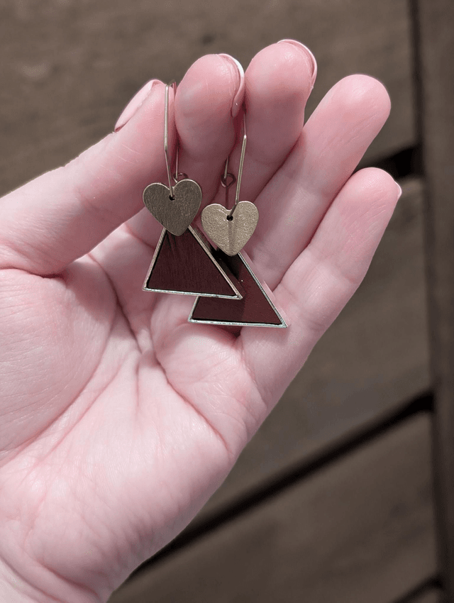 Polly1 wooden triangles with gold heart earrings 