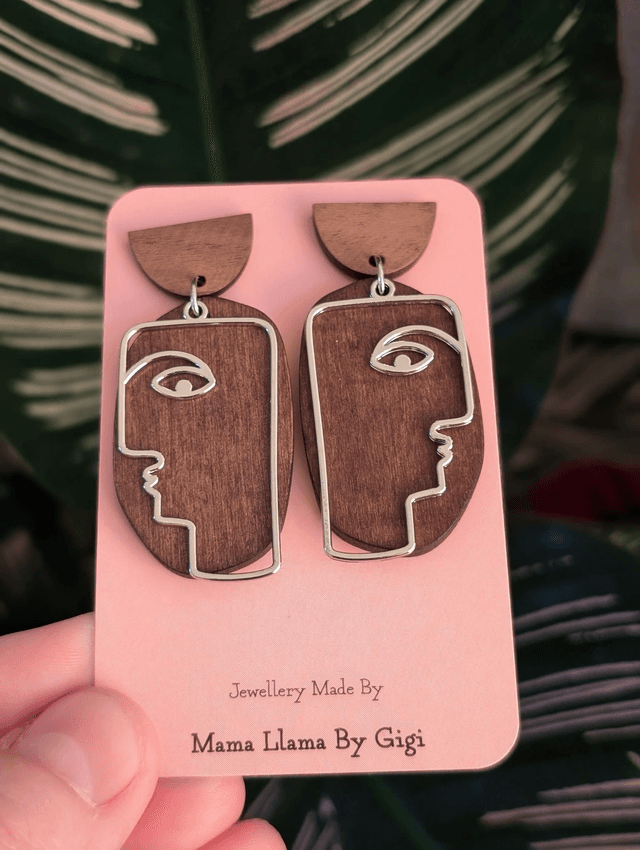 Modern Wood and Metal Face Outline Earrings