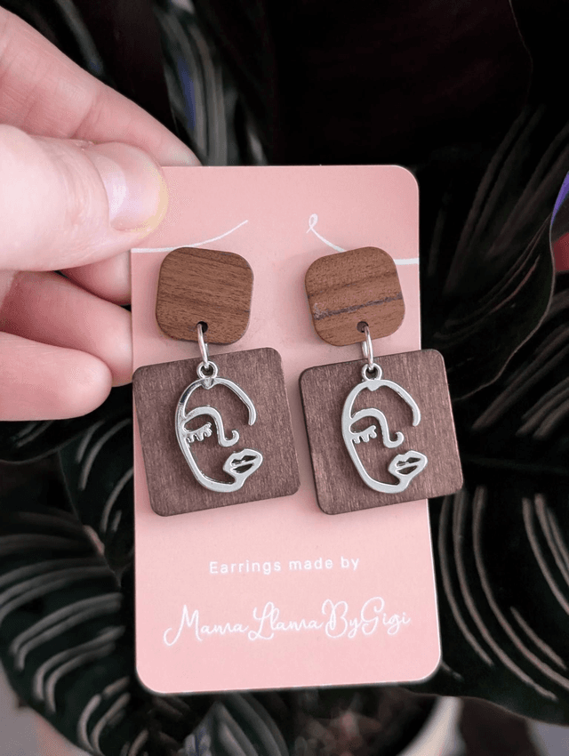 Wooden Face Line Art Earrings