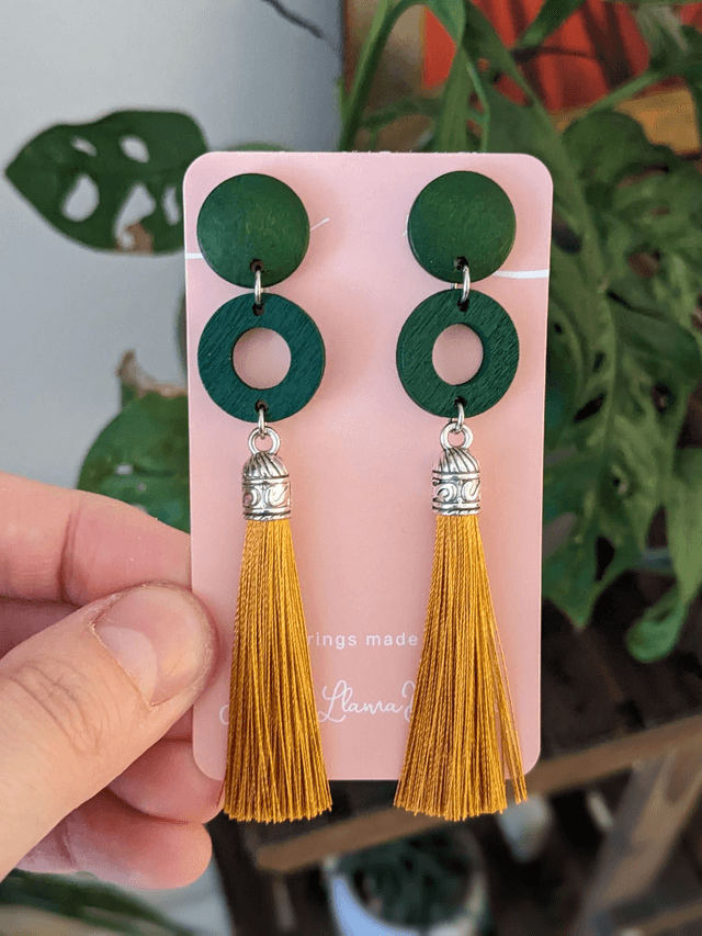 Green and Gold Tassel Wooden Earrings