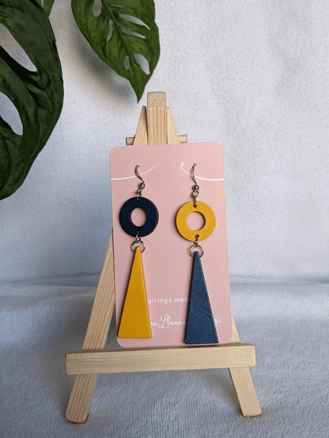 Geometric Two-Tone Wooden Dangle Earrings