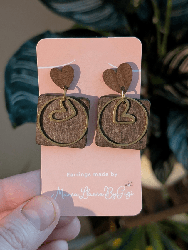 Handmade Wooden Heart Earrings with Brass Accents