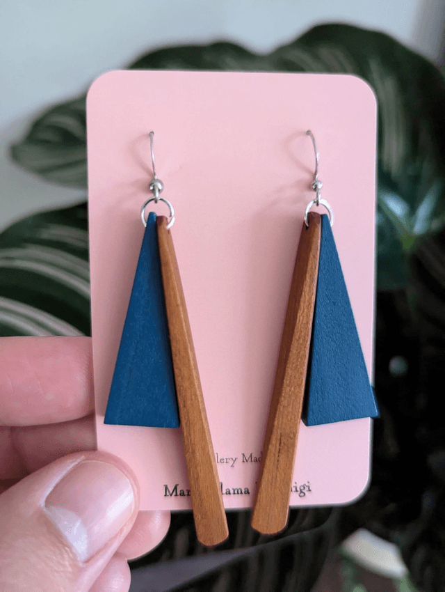 Blue and Wood Triangle Earrings