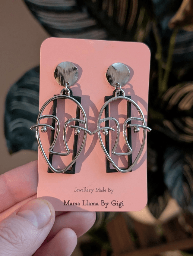 Handmade Abstract Face Earrings – Silver-Tone Modern Jewellery