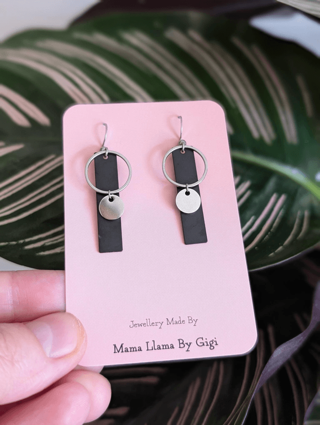 Modern Black and Silver Geometric Dangle Earrings 