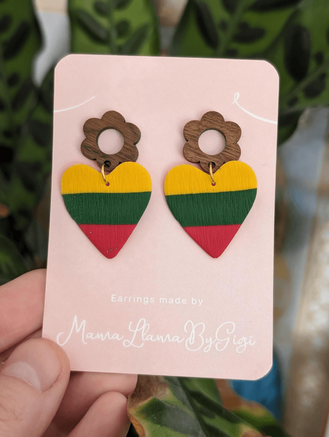 Yellow green and red Heart Wooden Earrings