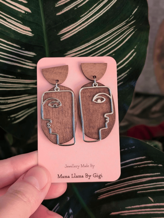 Modern Wood and Metal Face Outline Earrings