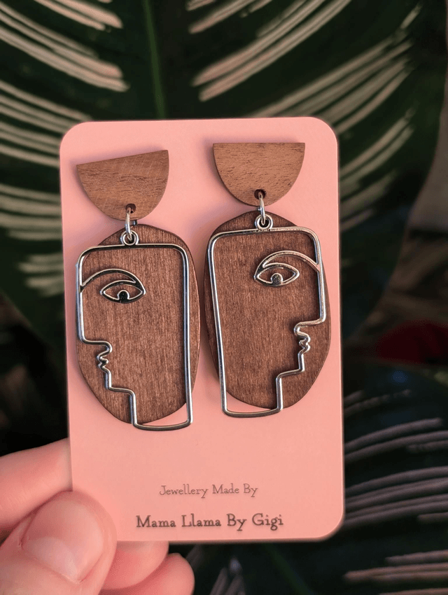 Modern Wood and Metal Face Outline Earrings